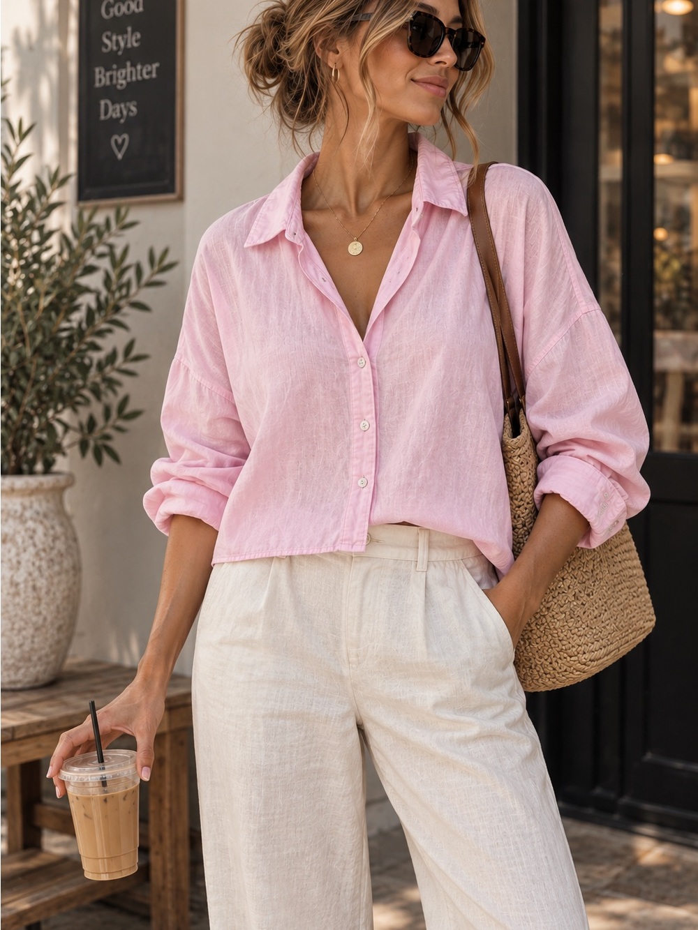 Zara Linen Blend Pink Oversized Cropped Button Down Travel Vacation Preppy Shirt